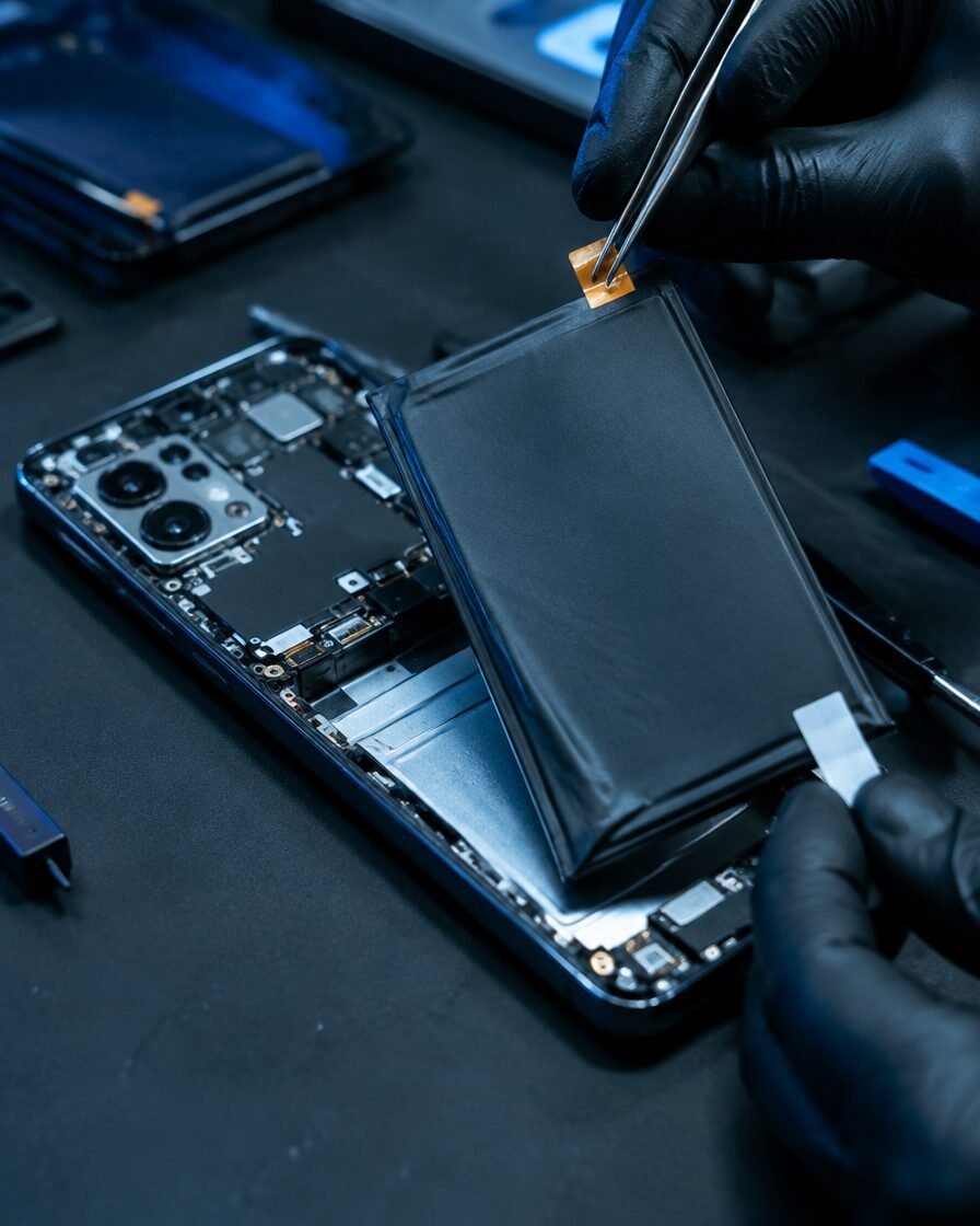 Phone battery replacement with tweezers and adhesive pull tabs