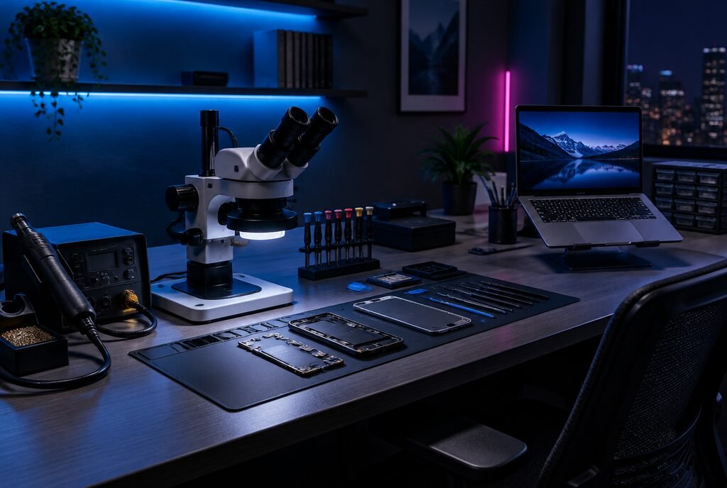 MasterPhone Utah repair bench with microscope, hot air station and disassembled phones