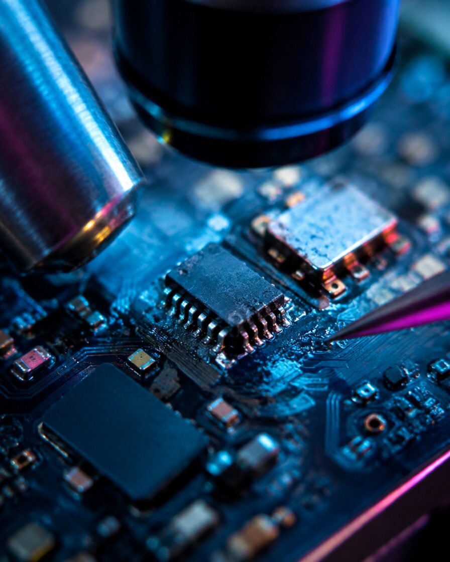 Charging IC being replaced on a phone logic board under the microscope