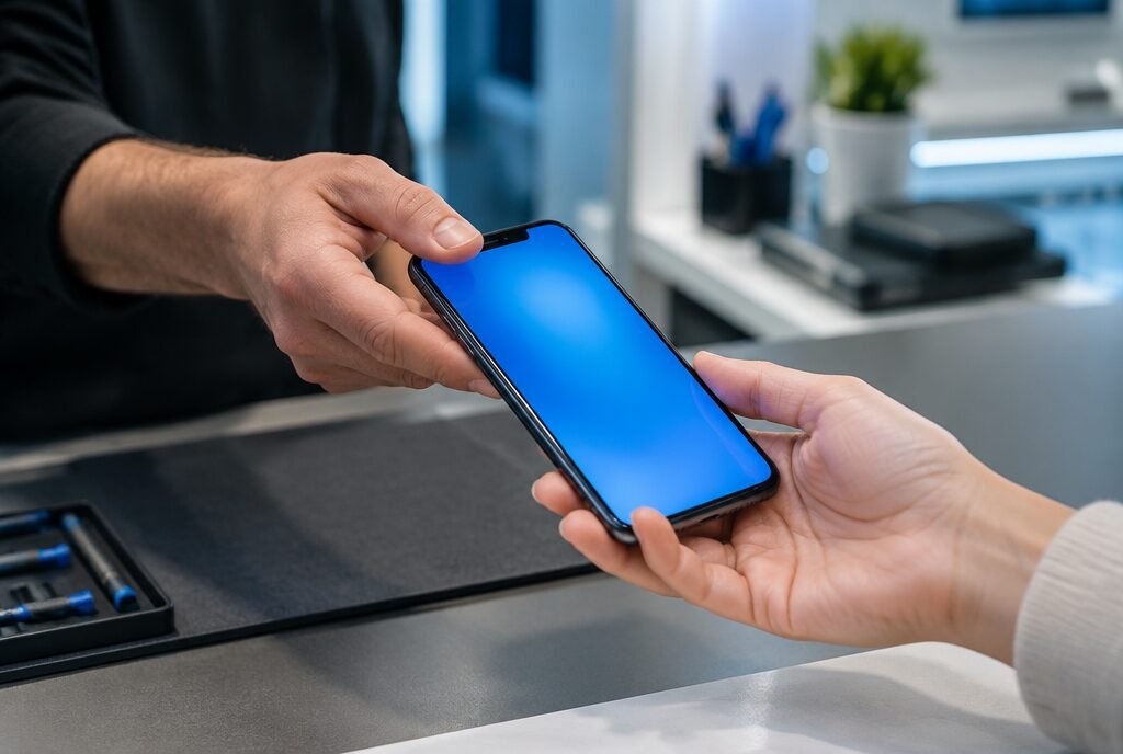 Repaired phone handed back across the counter at MasterPhone Utah