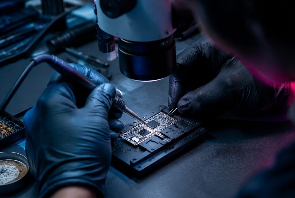 Technician microsoldering a phone logic board under a stereo microscope at MasterPhone Utah in West Jordan