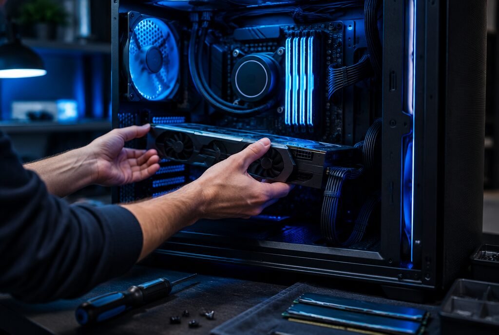 Desktop PC tower open on the bench with the graphics card being seated