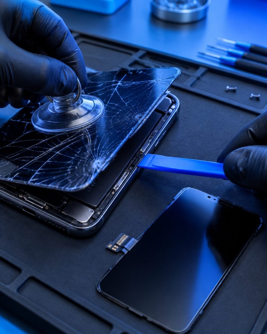 Cracked smartphone screen being removed for replacement on an anti-static mat